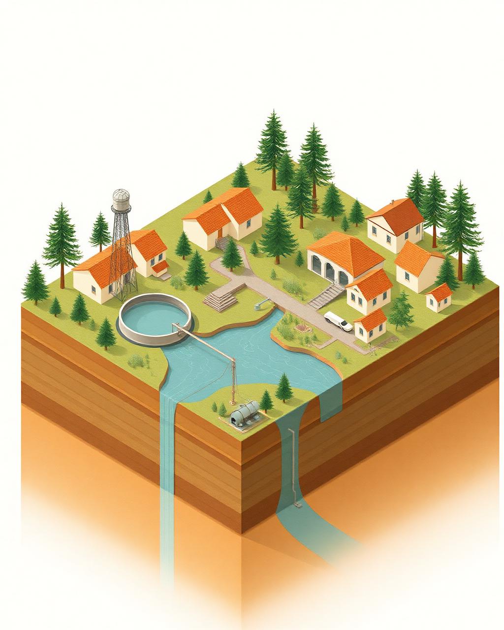 Illustrated cross-section of a community water system with pipes, tanks, and a treatment basin
